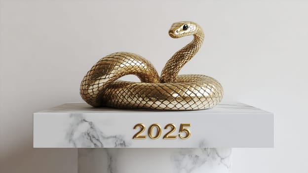 A golden snake sculpture is artfully positioned on a marble pedestal, showcasing intricate details, evoking feelings of luxury and ambition.