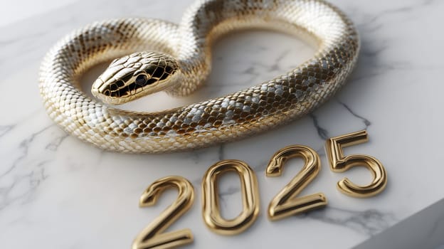 A golden snake gracefully wraps around the year 2025, elegantly displayed on a marble background, symbolizing new beginnings.