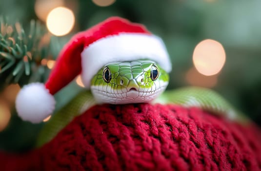 This charming green snake adorned with a Santa hat lounges on a red knitted blanket, illuminated by glowing holiday lights.