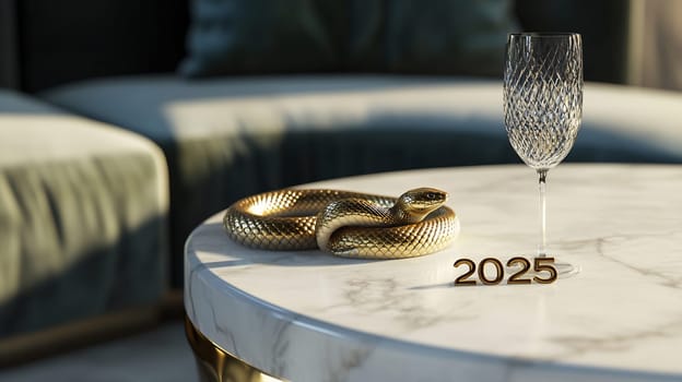 A golden snake rests on a marble table beside a crystal glass, symbolizing an elegant celebration for the upcoming year 2025.