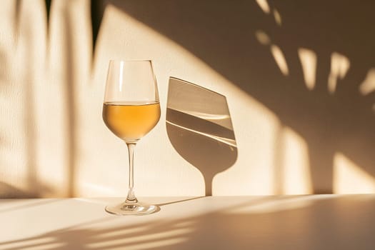 A wine glass filled with golden liquid stands on a table, casting a delicate shadow as sunlight filters through nearby plants.