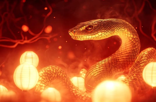 A snake slithers gracefully around bright lanterns, creating an enchanting atmosphere filled with a warm orange glow.