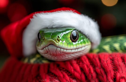 A green snake dons a Santa hat and rests comfortably in a vibrant red sweater, capturing the cheerful holiday spirit.