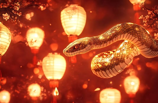 The snake moves gracefully amidst glowing lanterns, illuminating the festive atmosphere of an evening celebration filled with joy.