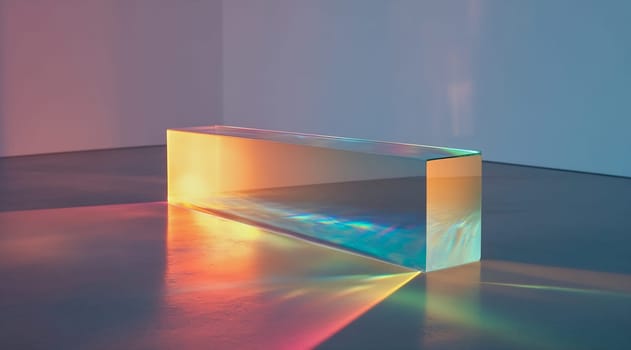 A clear acrylic block casts vibrant reflections of light across a minimalist gallery floor during an art exhibition.