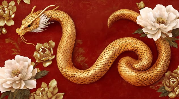 A golden dragon gracefully winds through beautiful flowers on a striking red backdrop, highlighting artistic detail and vibrant colors.
