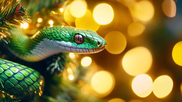 A green snake rests peacefully among colorful lights on a Christmas tree, creating a unique holiday atmosphere in the evening.