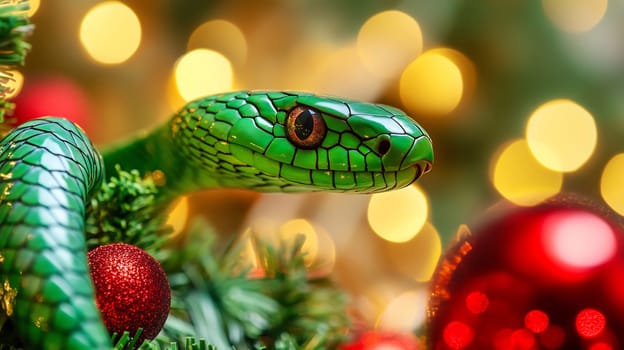 A striking green snake weaves through a decorated holiday tree filled with shiny ornaments and twinkling lights, creating a unique sight.