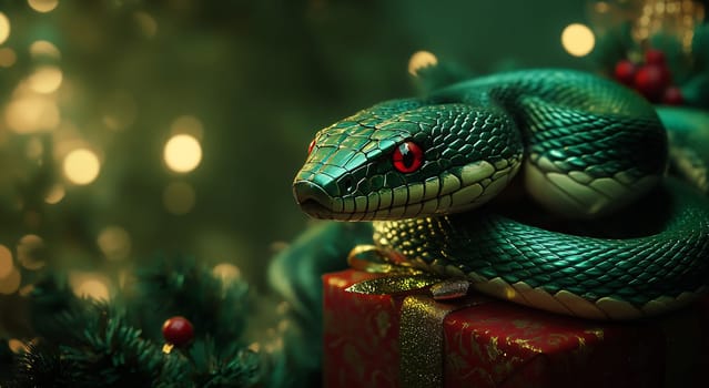 A vibrant green snake rests on a beautifully wrapped gift, surrounded by festive decorations and sparkling holiday lights.