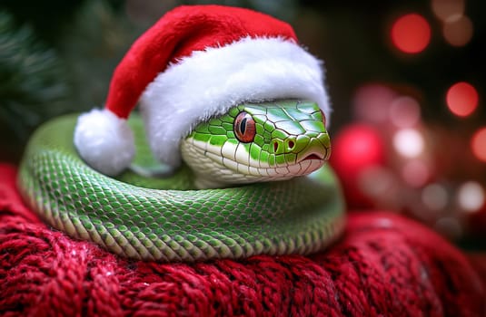 The green snake adorned with a Santa hat lies peacefully on a red knit blanket surrounded by holiday lights and decorations.