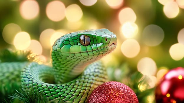 The green snake relaxes in colorful holiday decorations, including a shiny ornament, creating a vibrant and festive ambiance.