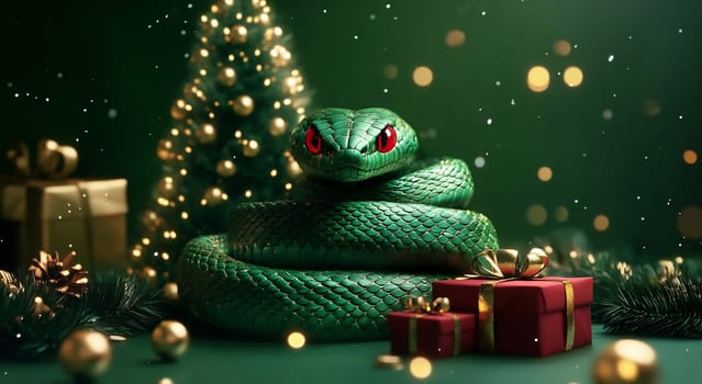 A green snake rests atop colorful presents, surrounded by twinkling lights and a decorated Christmas tree in a cheerful holiday atmosphere.