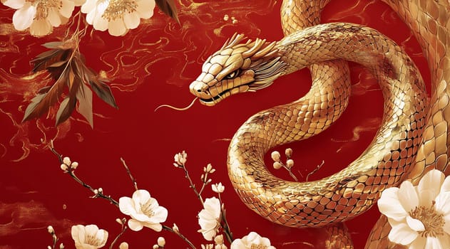 A golden snake weaves through delicate white flowers on a vibrant red background, symbolizing elegance and strength in nature.