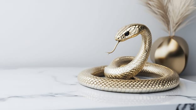 A golden snake figurine displays intricate details while coiled on a marble tabletop beside a stylish vase.