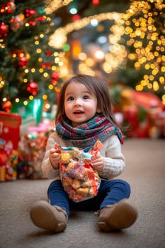 A delighted young child sits on the floor holding a bag of treats, surrounded by festive decorations and twinkling lights