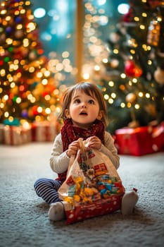 A young child, dressed warmly, eagerly opens a festive bag of gifts while sitting on a cozy carpet amidst Christmas decorations.