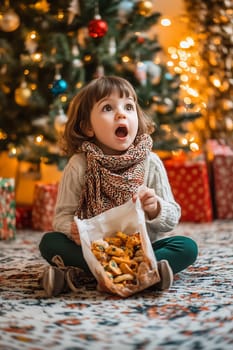 A young child sits on the floor, amazed and holding a bag of snacks while surrounded by a festive Christmas tree and colorful gifts.