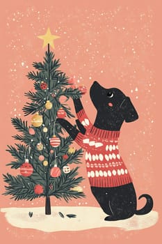 A joyful dog is reaching up to hang ornaments on a Christmas tree, creating a cheerful holiday atmosphere with bright decorations.
