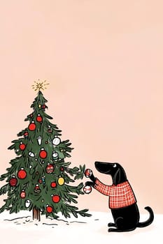 A playful black dog adorning a festive Christmas tree with bright ornaments, creating a joyful holiday spirit.