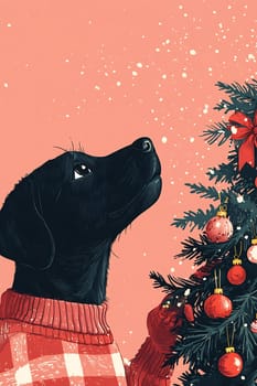 A black dog wearing a red plaid sweater gazes up at a brightly decorated Christmas tree surrounded by falling snowflakes.