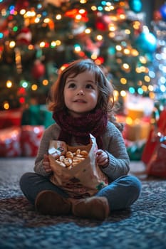 A young child sits cross-legged on the floor, happily munching on snacks while admiring a colorful Christmas tree filled with lights and gifts.