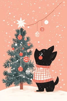 A black dog in a red plaid sweater admires a decorated Christmas tree as snowflakes gently fall in a cheerful winter setting.
