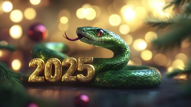 A green snake playfully coils around the year 2025, surrounded by a dazzling display of holiday lights and decorations.