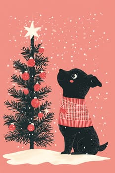 A happy black dog wearing a red sweater looks up at a decorated Christmas tree surrounded by softly falling snowflakes.