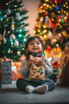 A happy child enjoys a festive moment, holding a bag of treats, surrounded by colorful Christmas trees and wrapped gifts.