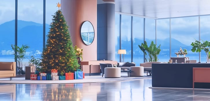 A beautifully decorated Christmas tree stands in a stylish lobby, surrounded by gifts and a stunning view of the landscape outside.