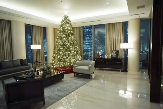 The Christmas tree, adorned with lights and ornaments, creates a cozy atmosphere in an elegant living room overlooking a city skyline.