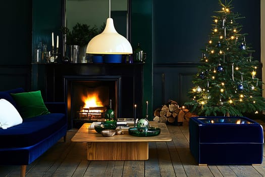 The living room features a beautifully decorated Christmas tree, comfortable seating, and a warm fireplace creating a cozy atmosphere.
