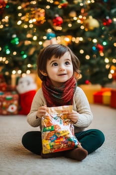 A joyful child sits cross-legged on the floor, holding a bag of assorted candies, in front of a beautifully decorated Christmas tree.