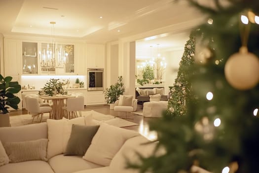 A beautifully styled living space featuring a festive Christmas tree, soft furnishings, and warm lighting creates a welcoming holiday atmosphere.