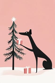 A black dog carefully sets down colorful gifts next to a small Christmas tree in a whimsical winter landscape.