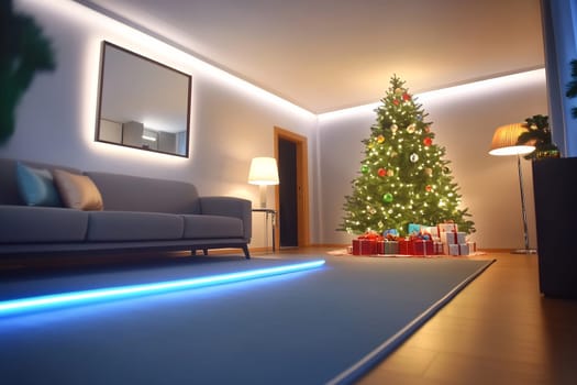 The living room features a well-decorated Christmas tree with presents underneath, creating a warm and inviting holiday atmosphere.
