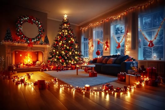 The living room features a large, decorated Christmas tree and a warm fireplace surrounded by wrapped gifts, giving a festive atmosphere.