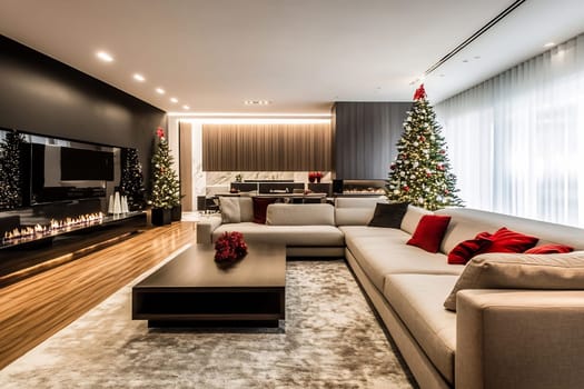 The elegant living room features a spacious sofa, festive decorations, a warm fireplace, and two beautifully adorned Christmas trees.