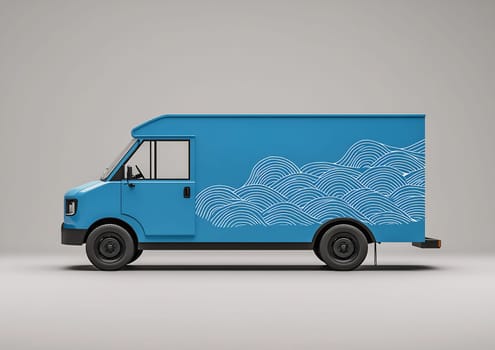The blue food truck, adorned with wave designs, stands ready for business in front of a simple background.