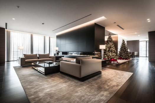 A sophisticated living room features two Christmas trees and a minimalist fireplace, creating a festive yet modern atmosphere.