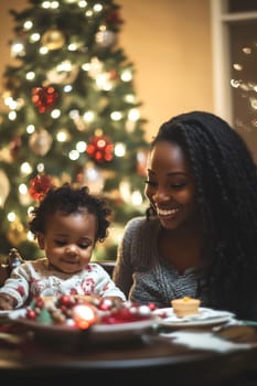 A cheerful mother shares a special moment with her baby, surrounded by festive decorations and a glowing Christmas tree.