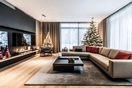 A beautifully decorated living room features a plush sofa, festive trees, and a warm fireplace, creating a cozy atmosphere for winter gatherings.