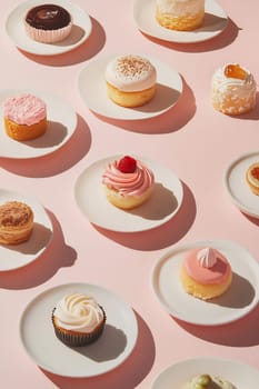 A vibrant variety of cupcakes in different flavors and designs are beautifully showcased on white plates set against a soft pink backdrop.