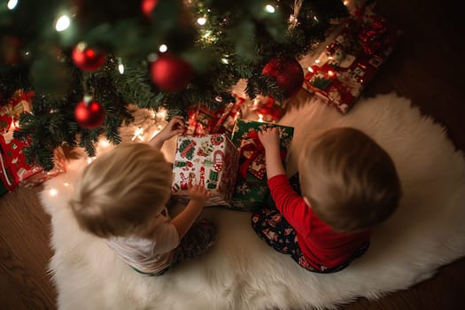 Two young children excitedly unwrap gifts beneath a festive Christmas tree surrounded by colorful decorations and wrapped presents.