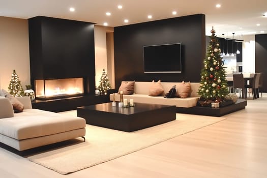 A stylish living room with a warm fireplace and a festive Christmas tree surrounded by elegant decor, perfect for the holiday season.