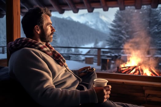 A man enjoys a warm drink while sitting by a fire in a mountain cabin on a cold winter night.