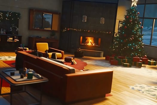 A warm living area features a decorated Christmas tree, glowing fireplace, and festive atmosphere on a winter evening.