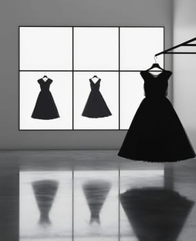 A stunning black dress hangs against a modern gallery wall with multiple silhouettes, reflecting the sleek interior design.