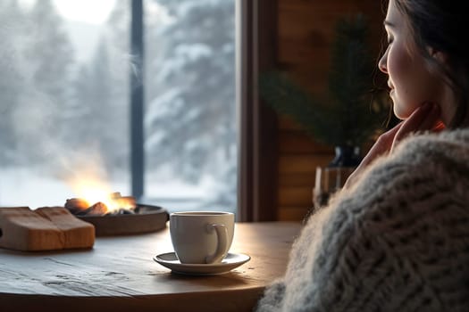 A person enjoys a warm beverage while gazing out at a snowy scene from a cozy indoor setting.