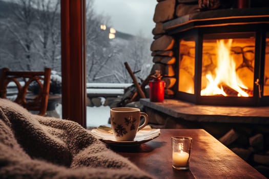 A warm drink rests beside a flickering candle, while a roaring fire creates a snug atmosphere on a snowy night.
